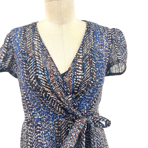 Anna Sui Wrap Mini Dress Short Sleeve Abstract Print Silk Blue Metallic Size 0 - Picture 2 of 8